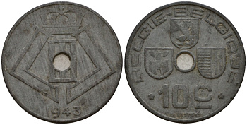 Бельгия 10 сантимов 1943 Belgie - Belgique KM 126 цинк 100-755