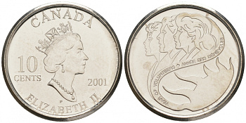 Канада 10 центов 2001 международный год волонтеров KM 412 никелированная сталь UNC M32-02