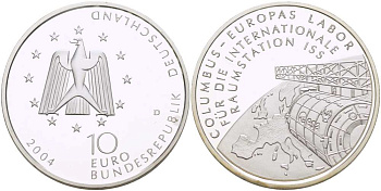 ФРГ 10 евро 2004 D, лаборатория Коламбус на МКС, космос, космическая станция KM 234, DE.S. 10.17 серебро PROOF 00-00