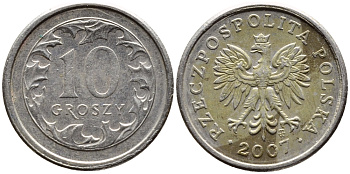 ПОЛЬША 10 ГРОШЕЙ 2007 MW KM 279 медно-никель 4392-561