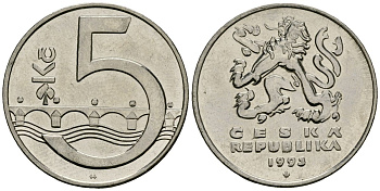 Чехия 5 крон 1993 чешский лев, Карлов мост KM 8 сталь плакированная никелем 4167-947