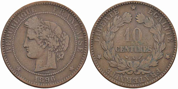 ФРАНЦИЯ 10 САНТИМОВ 1896 A, ТРЕТЬЯ РЕСПУБЛИКА (1871-1940) KM 815.1, LA FRANC 135.41 бронза 82-941