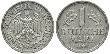 ФРГ 1 МАРКА 1963 F KM 110, J. 385 медно-никель 72-725