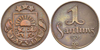 Латвия 1 сантим 1935 первая Республика (1918-1939) KM 1 бронза 116-917