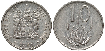 ЮАР 10 ЦЕНТОВ 1981 ГЕРБ, ЦВЕТОК АЛОЭ KM 85 никель 62-1231