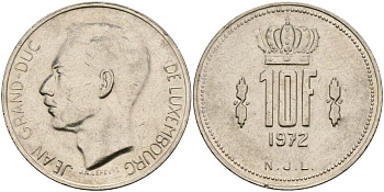 Люксембург 10 франков 1972 Великий герцог Жан (1964-2000) KM 57 никель 4120-1142