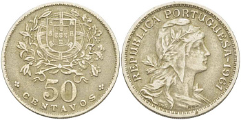 Португалия 50 сентаво 1961 голова Свободы вправо KM 577 медно-никель 4513-1216