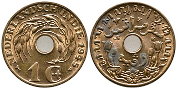 Нидерландская Восточная Индия 1 цент 1945 р, Вильгельмина (1890-1948) KM 317 бронза UNC 4610-814