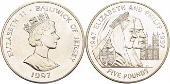 Джерси 5 фунтов 1997 Елизавета и Филипп, золотая свадьба KM 100 медно-никель UNC 118-424