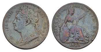 Великобритания 1 фартинг 1823 Георг IV (1820-1830) KM 677, Spink 3822 бронза 4658-868