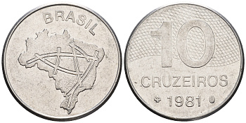 Бразилия 10 крузейро 1981 карта Бразилии KM 592.1 нержавеющая сталь 87-543