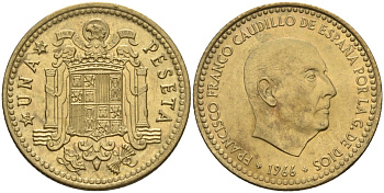 Испания 1 песета 1966 (74) Франсиско Франко (1939-1975) KM 796 алюминиевая бронза 4604-143