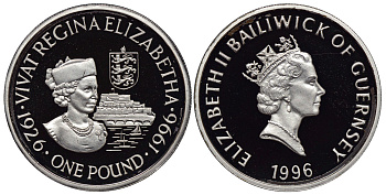 Гернси 1 фунт 1996 70 лет со дня рождения Елизаветы II KM 78 серебро PROOF 272-1111