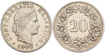 Швейцария 20 раппенов 1900 В KM 29 никель 55-616
