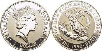 Австралия 1 доллар 1992 кукабара на ветке KM 164 серебро PROOF 02-012-42