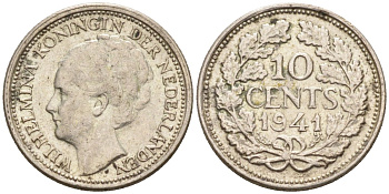 Нидерланды 10 центов 1941 Вильгельмина I (1890-1948) КМ 163 серебро 192-222