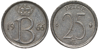 Бельгия 25 сантимов 1966 Belgie, Бодуэн I (1951-1993) KM 154.1 медно-никель 4124-538
