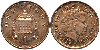 Великобритания 1 пенни 2006 Елизавета II (1952-2022) KM 986, Spink 4710 (B5) сталь плакированная медью 65-923