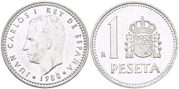 ИСПАНИЯ 1 ПЕСЕТА 1988 ХУАН КАРЛОС I ( 1975-) KM 821 алюминий 216-431