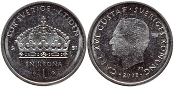 Швеция 1 крона 2008 Карл XVI Густав (1973- ) KM 894 медно-никель 86-523