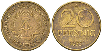 ГДР 20 пфеннигов 1973 A, редкий год KM 11 латунь 4573-621