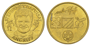 Германия медаль сезона 1996-1997 (в котором Боруссия Дортмунда выиграла единственную на данный момент Лиги Чемпионов) - Стефан Шапюиза ND диаметр 27 мм, вес 4,6 гр латунь UNC 4172-433