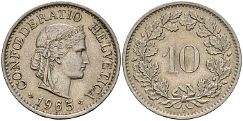 Швейцария 10 раппенов 1965 B KM 27 медно-никель 4189-413