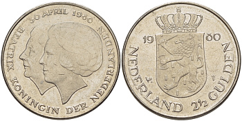 Нидерланды 2 1/2 гульдена 1980 коронация Беатрикс, 30 апреля 1980 KM 201 никель 38-131