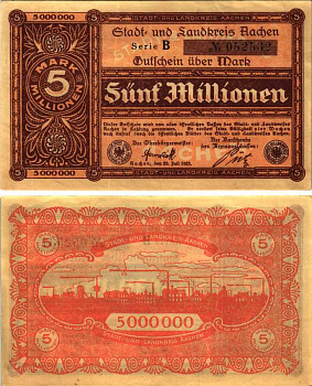 ААХЕН 5000000 МАРОК 1923 НОТГЕЛЬД, 20 ИЮЛЯ 1923, ЗЕМЛЯ СЕВЕРНЫЙ РЕЙН-ВЕСТФАЛИЯ Keller 1b бумага 6318-31-1-1