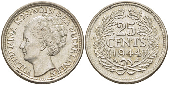 Нидерланды 25 центов 1944 Вильгельмина (1890-1948) KM 164 серебро aUNC 66-1152