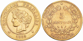 ФРАНЦИЯ 5 САНТИМОВ 1889 А, ТРЕТЬЯ РЕСПУБЛИКА (1871-1940) KM 821.1, LE FRANC 118.32 бронза 108-636