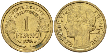 Франция 1 франк 1938 KM 885, Le Franc 219.2 алюминиевая бронза 4142-854