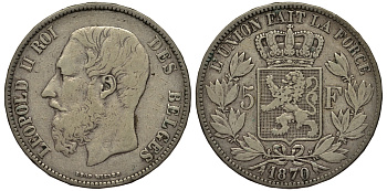 Бельгия 5 франков 1870 Леопольд II (1865-1909) KM 24 серебро    1530-942