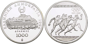 ГРЕЦИЯ 1000 ДРАХМ 1996 ОЛИМПИЙСКИЕ ИГРЫ В АФИНАХ, БЕГ KM 165 серебро PROOF 00-00