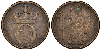 Норвегия 1 эре 1962 белка KM 403 бронза 4174-164