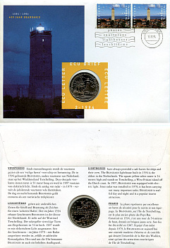 Нидерланды 1 экю 1994 Голландские маяки, в оригинальном конверте, с марками, первый день гашения X 202 медно-никель BU 4-3-8-23