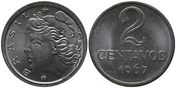 Бразилия 2 сентаво 1967 KM 576.1, Schon 81 нержавеющая сталь UNC 4567-849