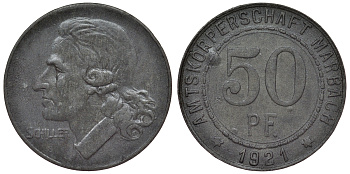 Марбах 50 пфеннигов 1921 Фридрих Шиллер Funck 316.3, Men05 16251.3, Men18 20385.3 цинк     4121-315