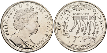 Остров Мэн 1 крона 2004 60 лет D-DAY, карта наступления союзников KM 1222 медно-никель UNC 4558-823