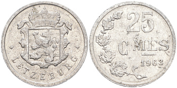 ЛЮКСЕМБУРГ 25 САНТИМОВ 1963 KM 45а.1 алюминий 4392-1315