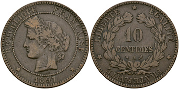 Франция 10 сантимов 1897 A, Третья республика (1871-1940) KM 815.1, Le Franc 135.33 бронза 4120-741