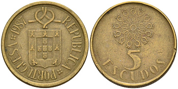 Португалия 5 эскудо 1987 KM 632 никель латунь 4571-941