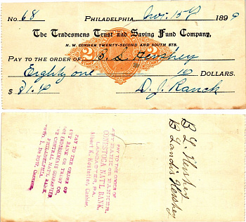 США чек на 81,10 долларов 1899 Филадельфия бумага 3295-22-2-2