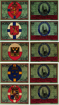 ЛЮБЕК НАБОР ИЗ 5 БАНКНОТ ПО 50 ПФЕННИГОВ 1921 НОТГЕЛЬД, 1 - 11 СЕНТЯБРЯ 1921, ПОЛНЫЙ КОМПЛЕКТ, ЗЕМЛЯ ШЛЕЗВИГ-ГОЛЬШТЕЙН Grabowski 827.1 бумага 6318-46-2-1