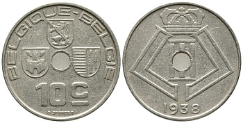 БЕЛЬГИЯ 10 САНТИМОВ 1938 BELGIQUE-BELGIE KM 112 никель латунь 24-1145