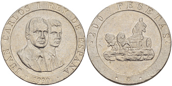 ИСПАНИЯ 200 ПЕСЕТ 1990 КОРОЛЬ И НАСЛЕДНЫЙ ПРИНЦ, ПОВОЗКА ЗАПРЯЖЕННАЯ ЛЬВАМИ, ХУАН КАРЛОС I ( 1975-) KM 855 медно-никель 4185-843