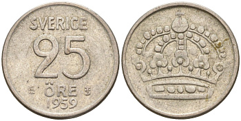 Швеция 25 эре 1959 TS, Густав VI Адольф (1950-1973) KM 824 серебро 4147-1068