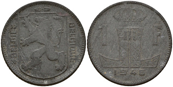 Бельгия 1 франк 1946 Belgie - Belgique, Леопольд III (1934-1947), германская оккупация, Вторая мировая война KM 128 цинк 4161-621