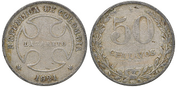 Колумбия 50 сентаво 1921 государственный лепрозорий KM L13 медно-никель 53-933