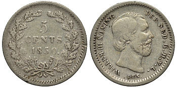 Нидерланды 5 центов 1850 Виллем III (1849-1890), точка после даты KM 91 серебро 443-531